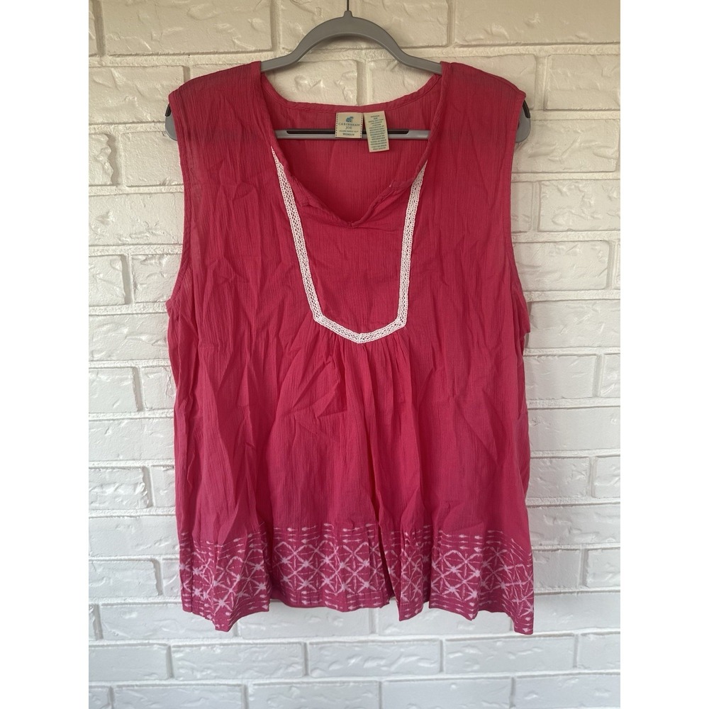 Caribbean Joe Pink Sleeveless Boho Tank Top | Embroidered Hem Beachy Resort 3XL